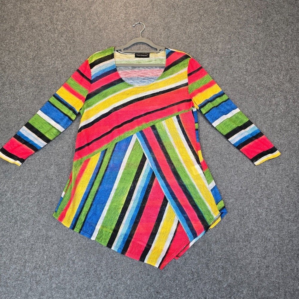 Travel Elements Knit Top Womens M Multicolor Striped Stretch Handkerchief Hem